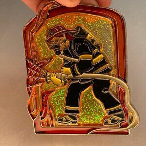 Vintage Resin Stained Glass Style Fireman Brass Frame Christmas Ornament